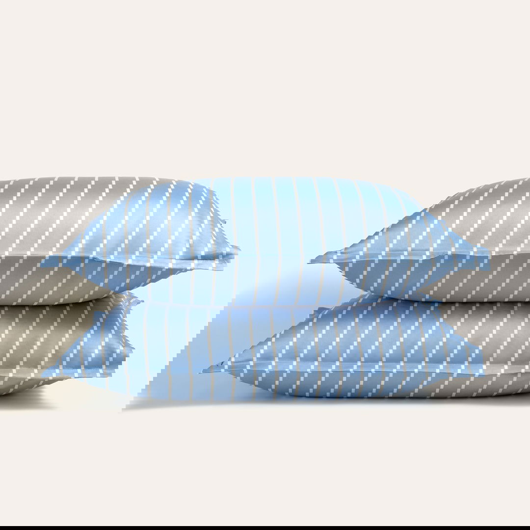 Lahor Geniş Çizgili 300 Tc Oxford 2'li Pamuk Saten Yastık Kılıfı 50x70+2 Cm Mavi
