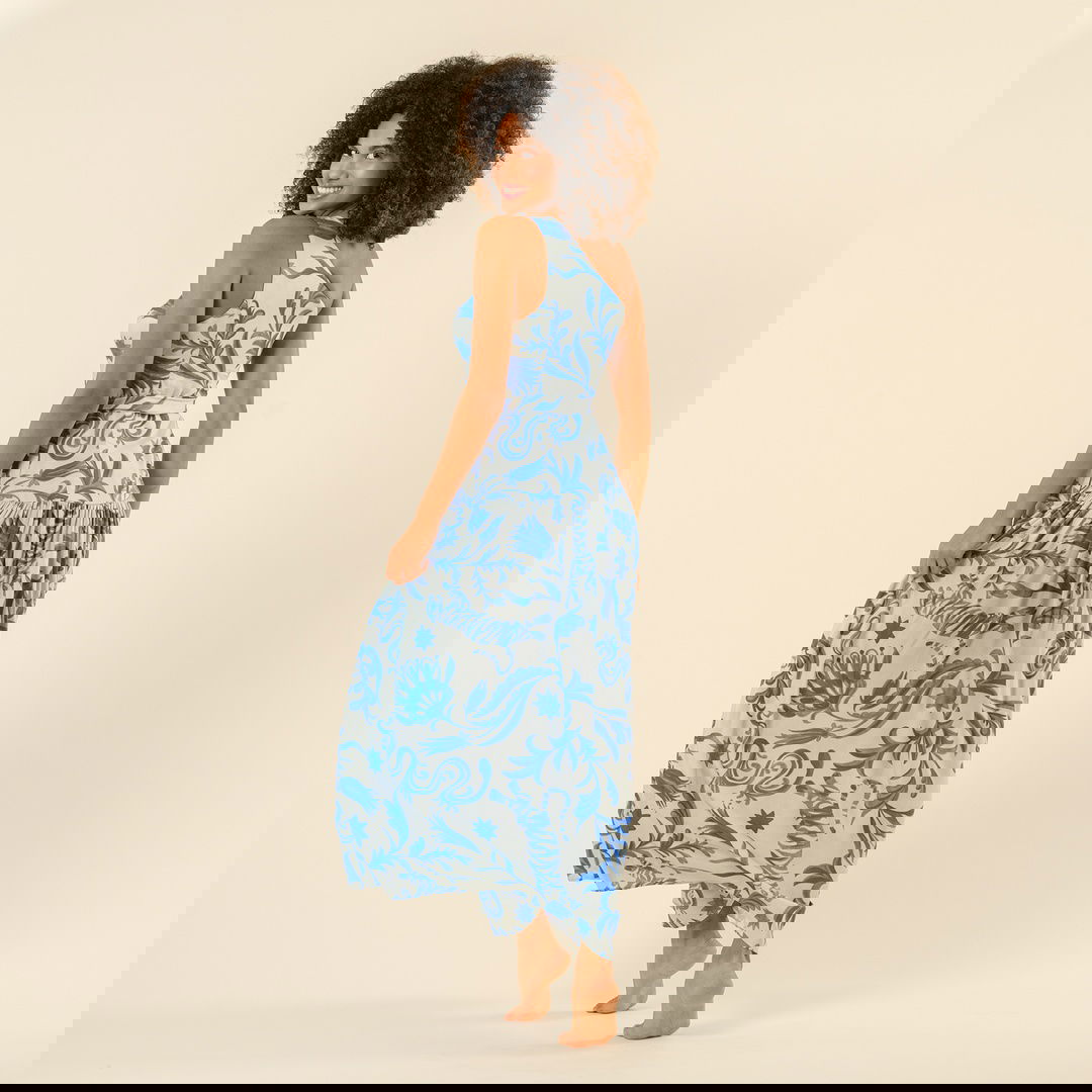 Dıgıtal Prınted Asymmetrıc Vısko Dress Blue